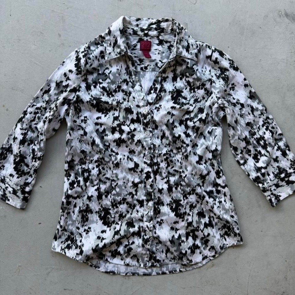 212 Collection Stretch Button Up Shirt Womens XS Abstract Black White Gray